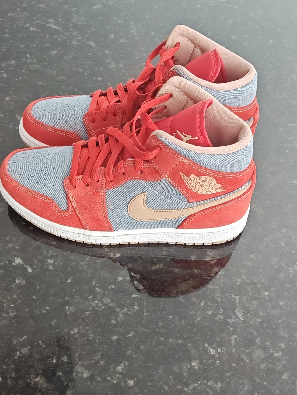 Air Jordan Mid-Top Sneakers in Red and Denim with Tan Swoosh Size US 9.5 Men
